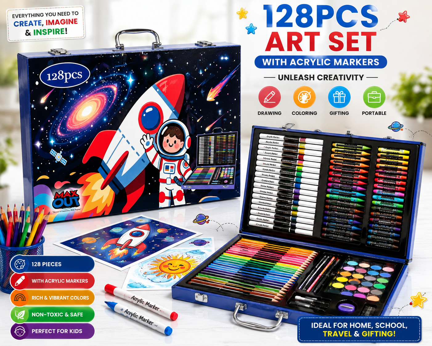 128Pcs Colour Kit With Acrylic Markers-Space